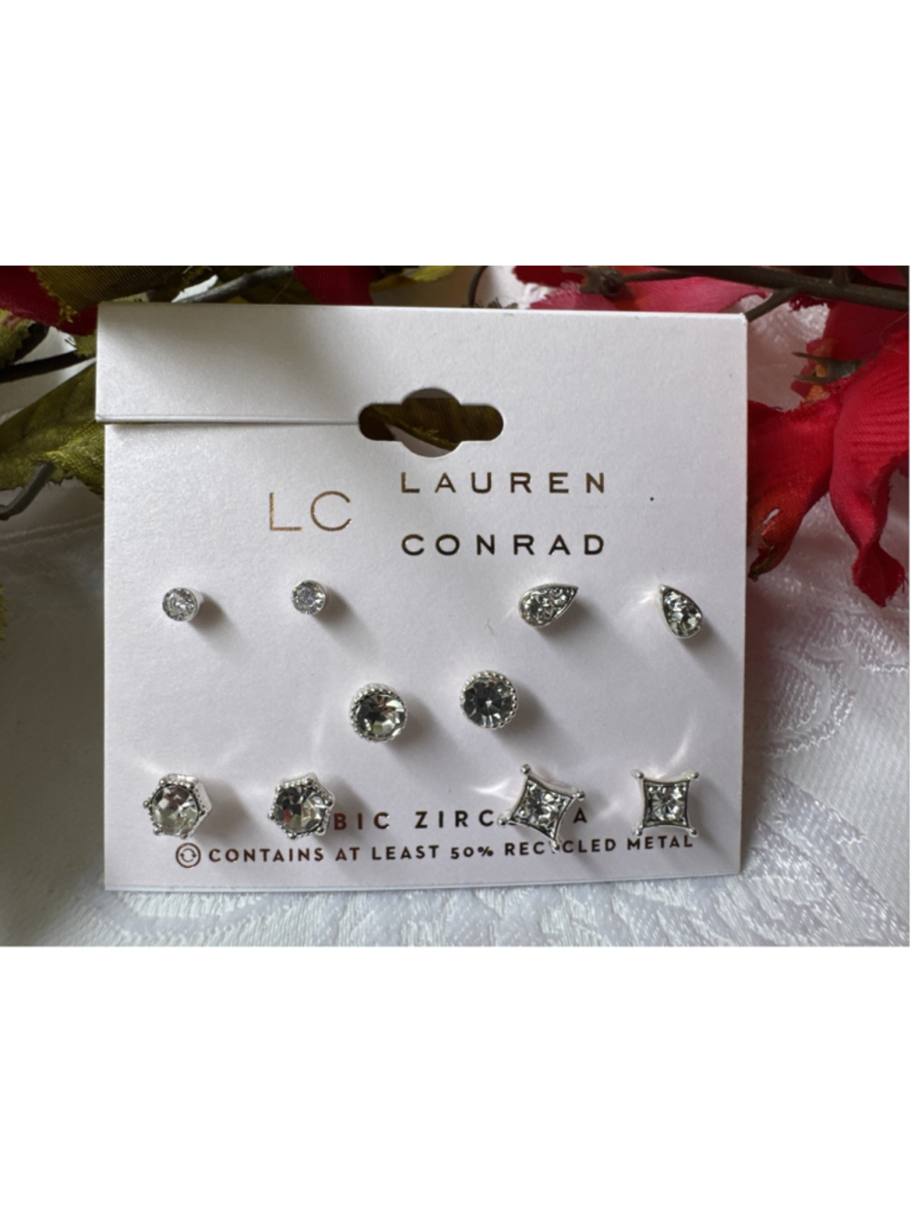 LC Lauren Conrad Set 5 Pairs CZ Tiny Stud Silvertone Rhinestones Earrings NEW
